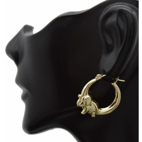 Real 10K Solid Yellow Gold 22mm Shiny lucky Elephant Shape Hoop Earrings 1.8gr